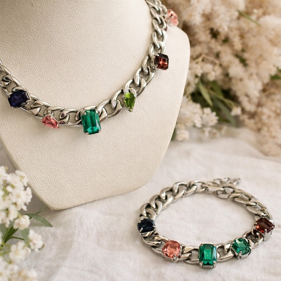 paparazzi Jewelry - paparazzi Silver-Tone Chain Necklace & Bracelet with Multicolor Gemstones